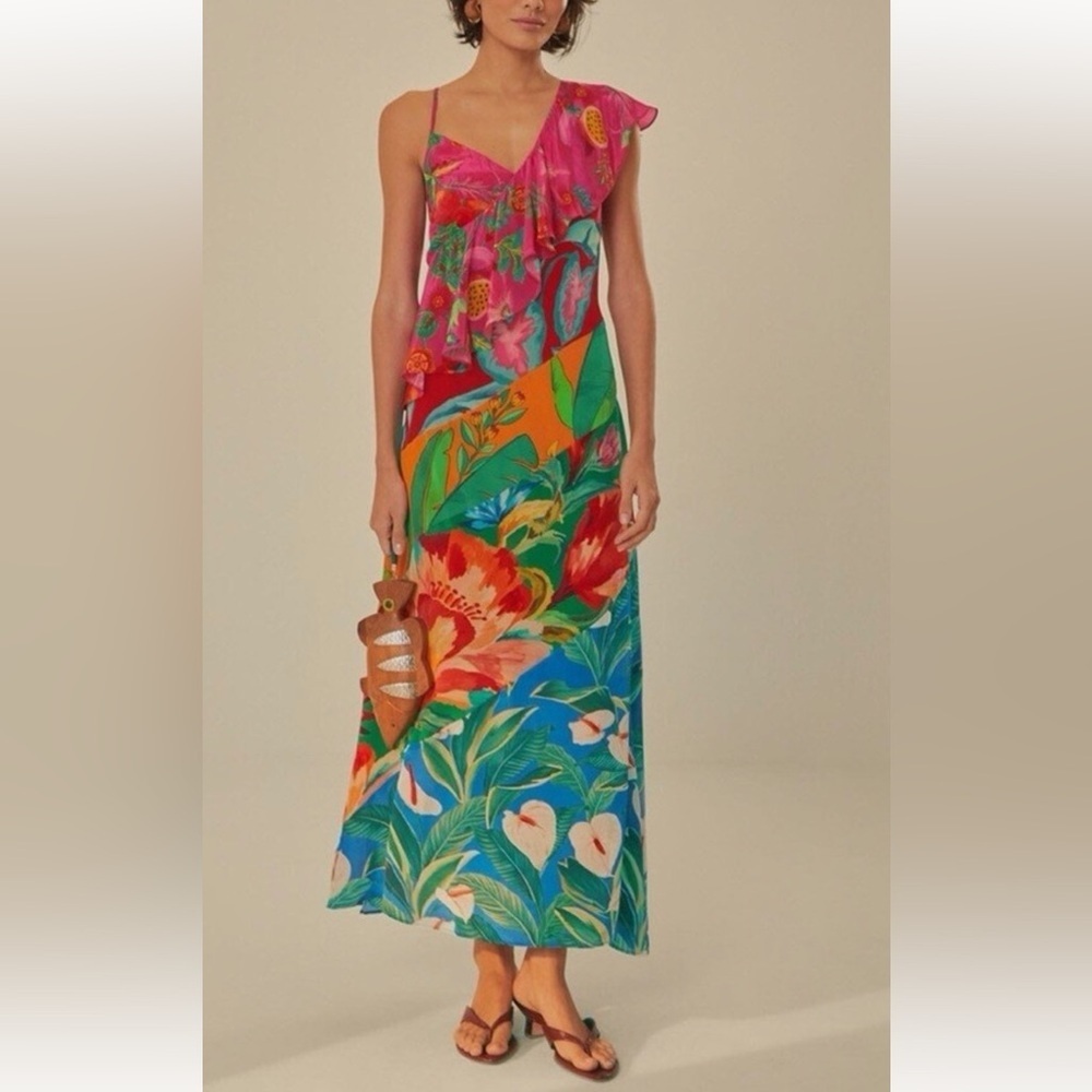 Farm Rio Mixed Flowery Ruffle One Shoulder Midi Dress Tropical Floral Pink Med
